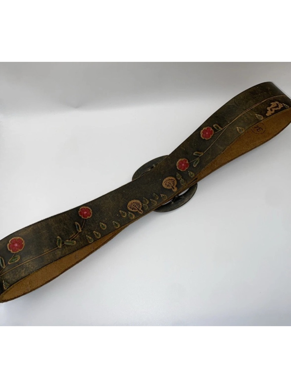 Vintage TYCHIOS LEATHER Belt-Brass Buckle-Hand Tooled/Painted-SZ 34-Portland, OR - Picture 2 of 9